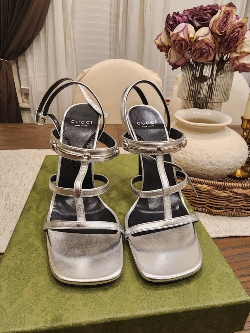 Gucci Metallic Silver Multi-Strap Heeled Sandals